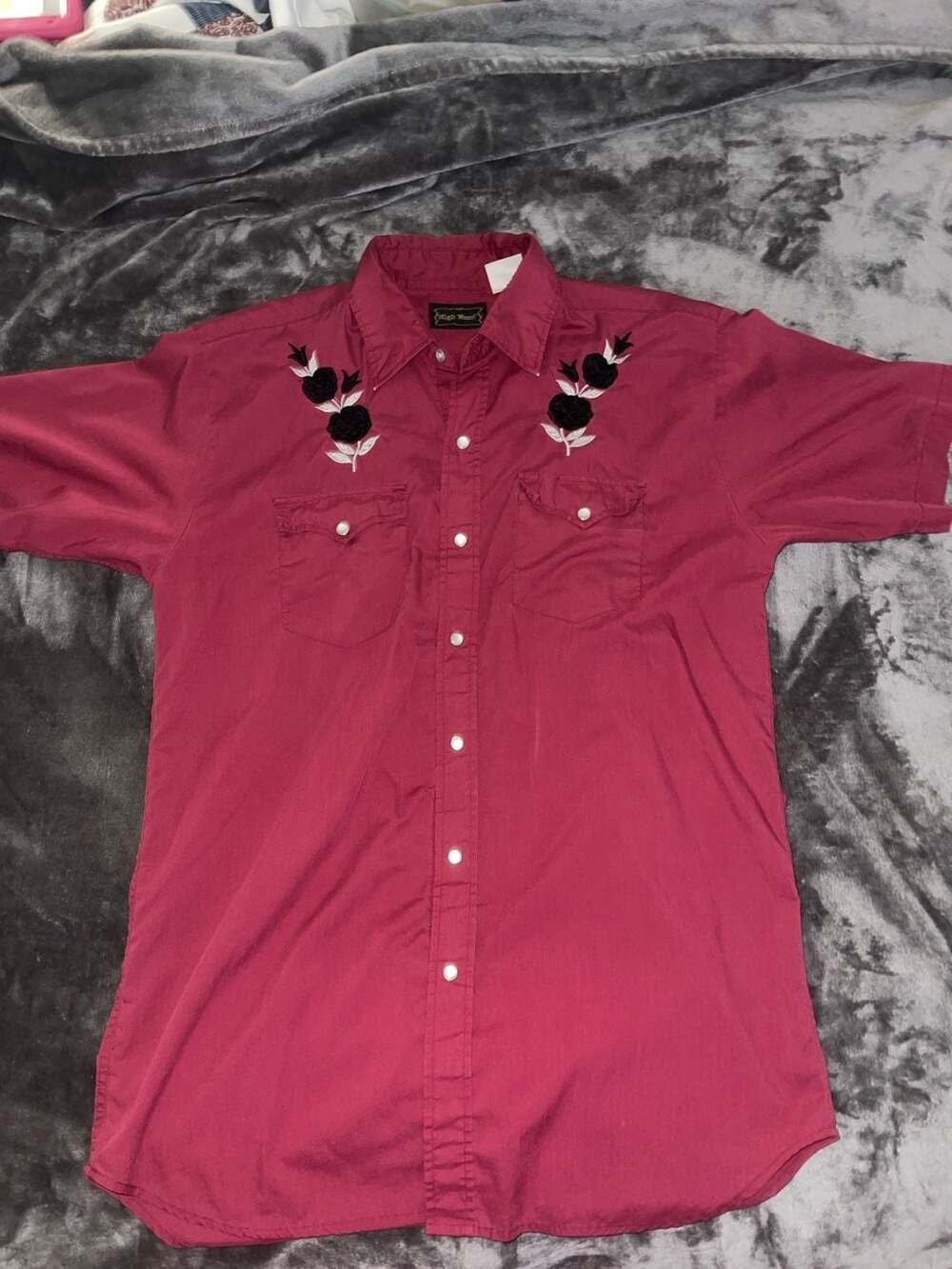 High Noon Red Short Sleeve Western Pearl Snap Shirt with Black Floral Embroidery